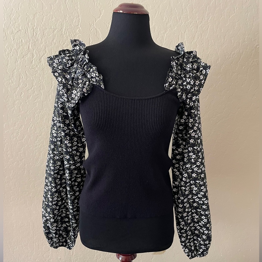 Anthropologie Black Top with Floral Accents - Picture 2 of 5